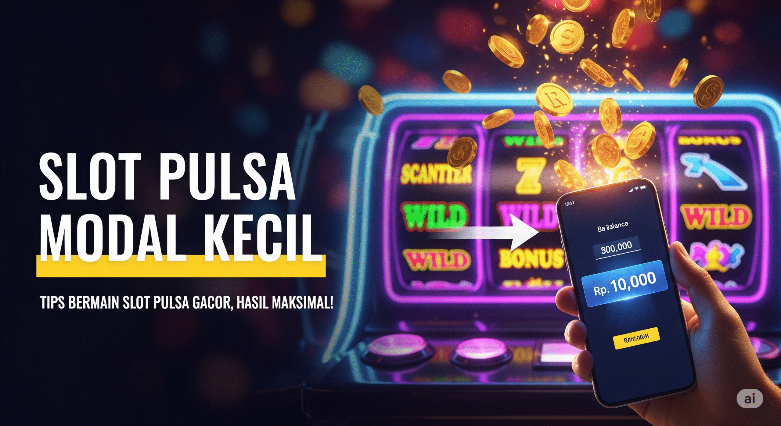 Ilustrasi slot pulsa modal kecil dengan koin emas dan HP menang besar